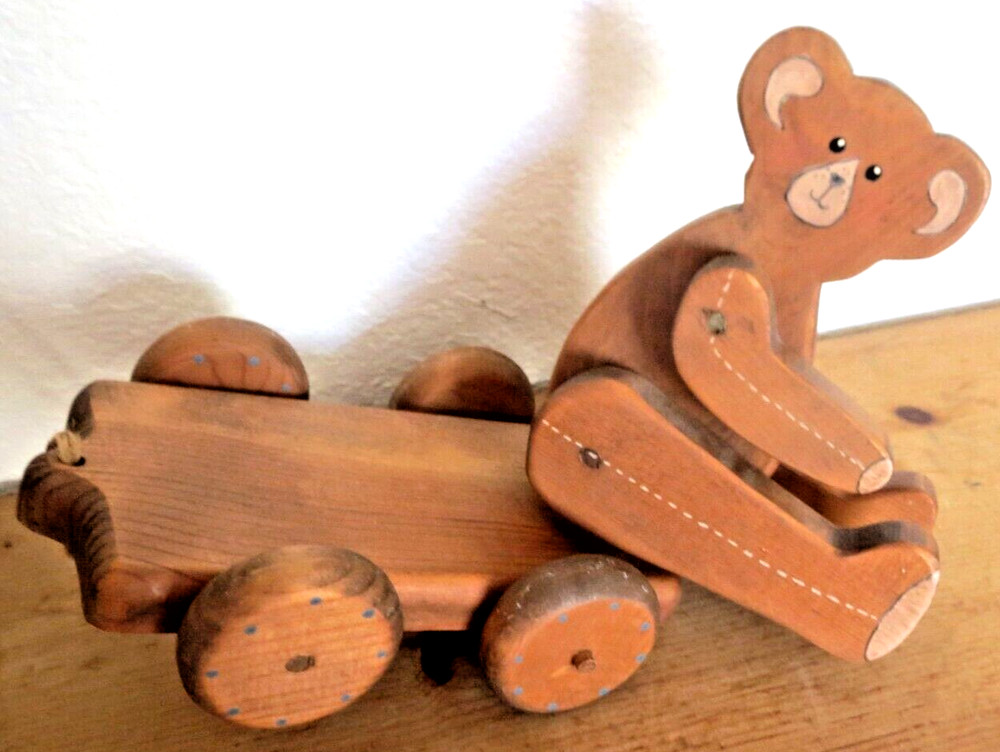 Vintage Jointed Wooden Bear Pull Toy ~ Wheels turn & pull string ~ Base Swivels