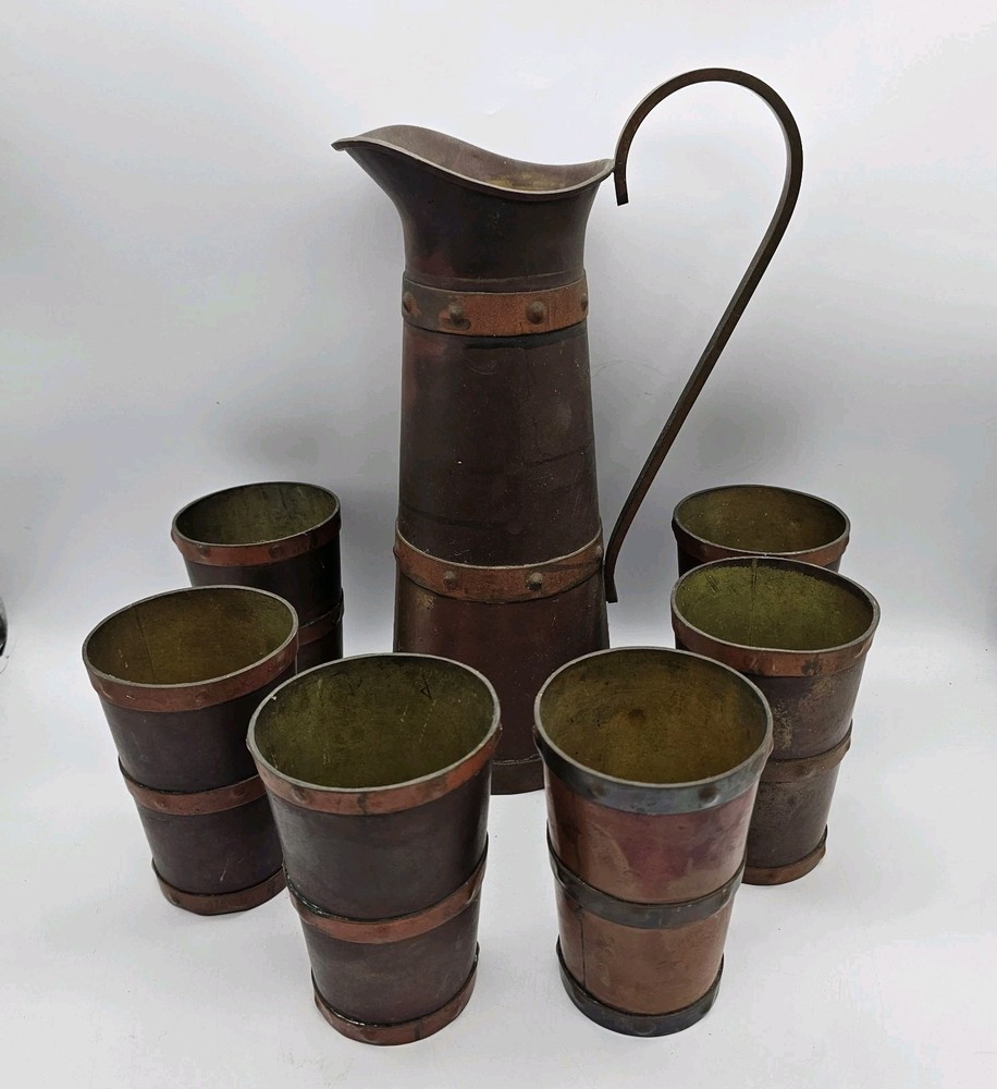 Vtg Hammered Copper Pitcher & Mugs Mexico Heavy