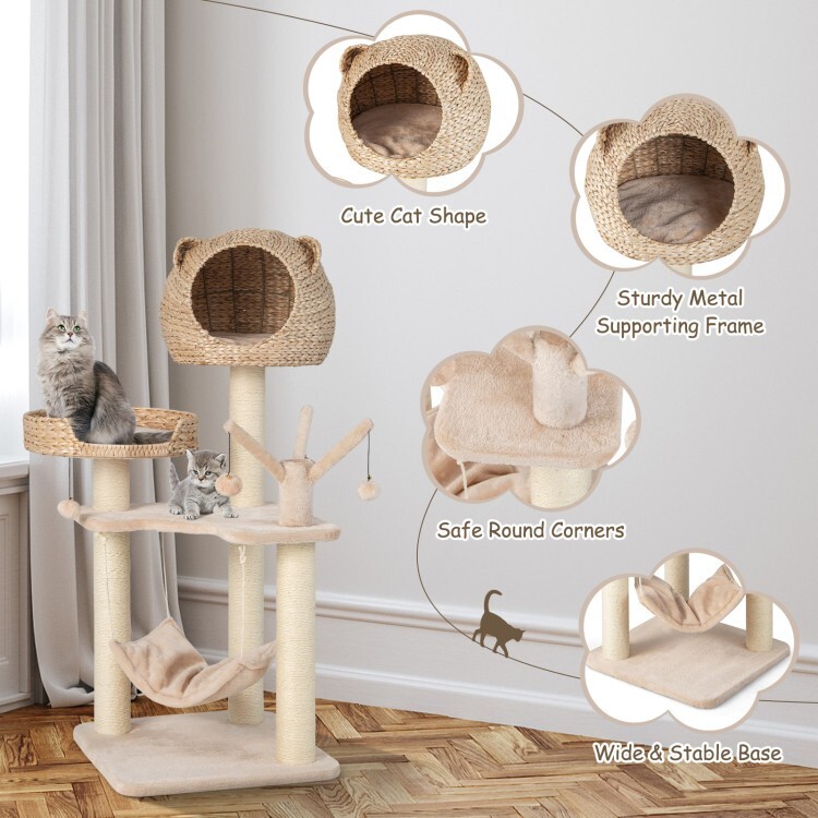Cat Tree Cat Tower Scratching Post Cat Condo w/Hammock & Rotatable Hanging Balls