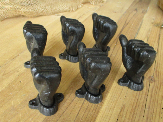 6 Cast Iron Hand Wall Mounted Hook Door Knob Pulls Thumbs Up Drawer Pull Black