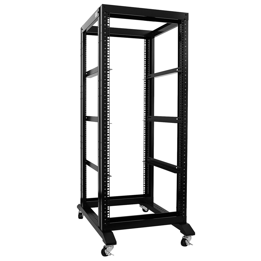 27U 4 Post 19" Open Frame Rack 24" install Deep W/ 3 L-Rails and 1 Rack Shelf