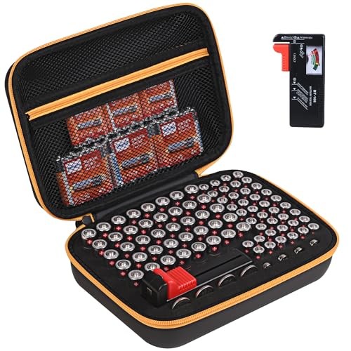 Battery Organizer Storage Case with Tester for AA AAA Button black-orange