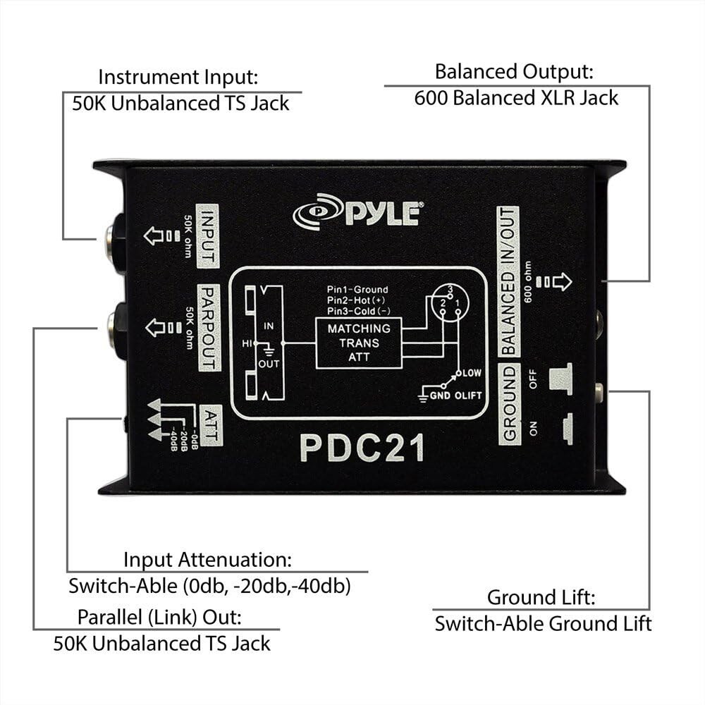 Pyle Premium Direct Injection Audio Box - Passive DI Unit Hum Eliminator ....