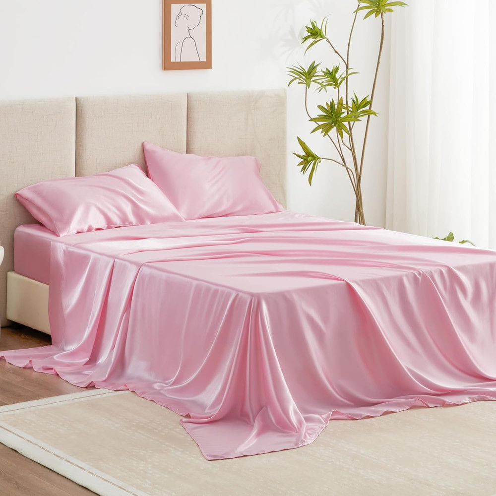 Satin Queen Sheets Set - 4 Piece Pink Silky Bed Sheets Set