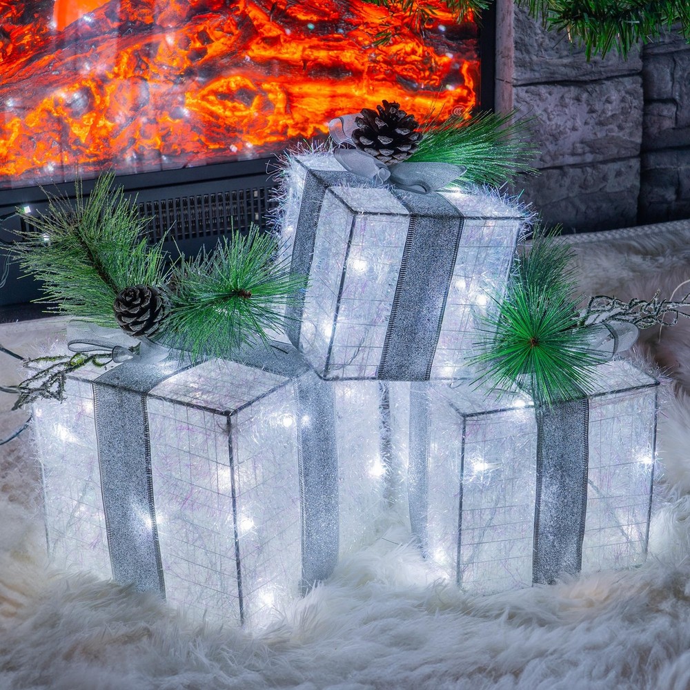 Set of 3 Christmas Lighted Gift Boxes, Pre-lit 60 LED Light Up Present Boxes ...