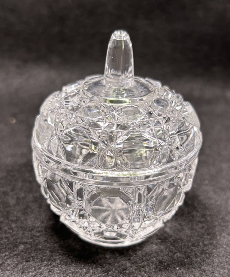 Vintage Clear Cut Glass Windsor Button Pattern Small Lidded Jar 2.75"H x 2.5"D