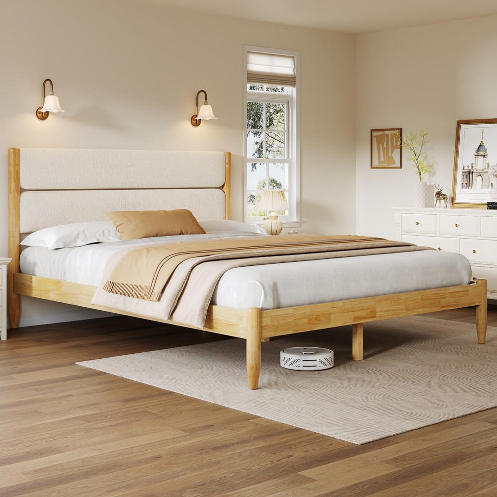 Queen/King Size Solid Wood Platform Bed Frame with Fleece Upholstered Headboard