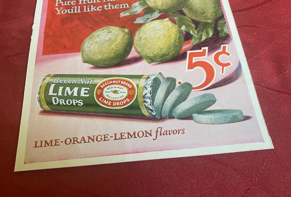 1927 Beech-Nut Candy Fruit Lime Drops Display Ad Sign Card Stock