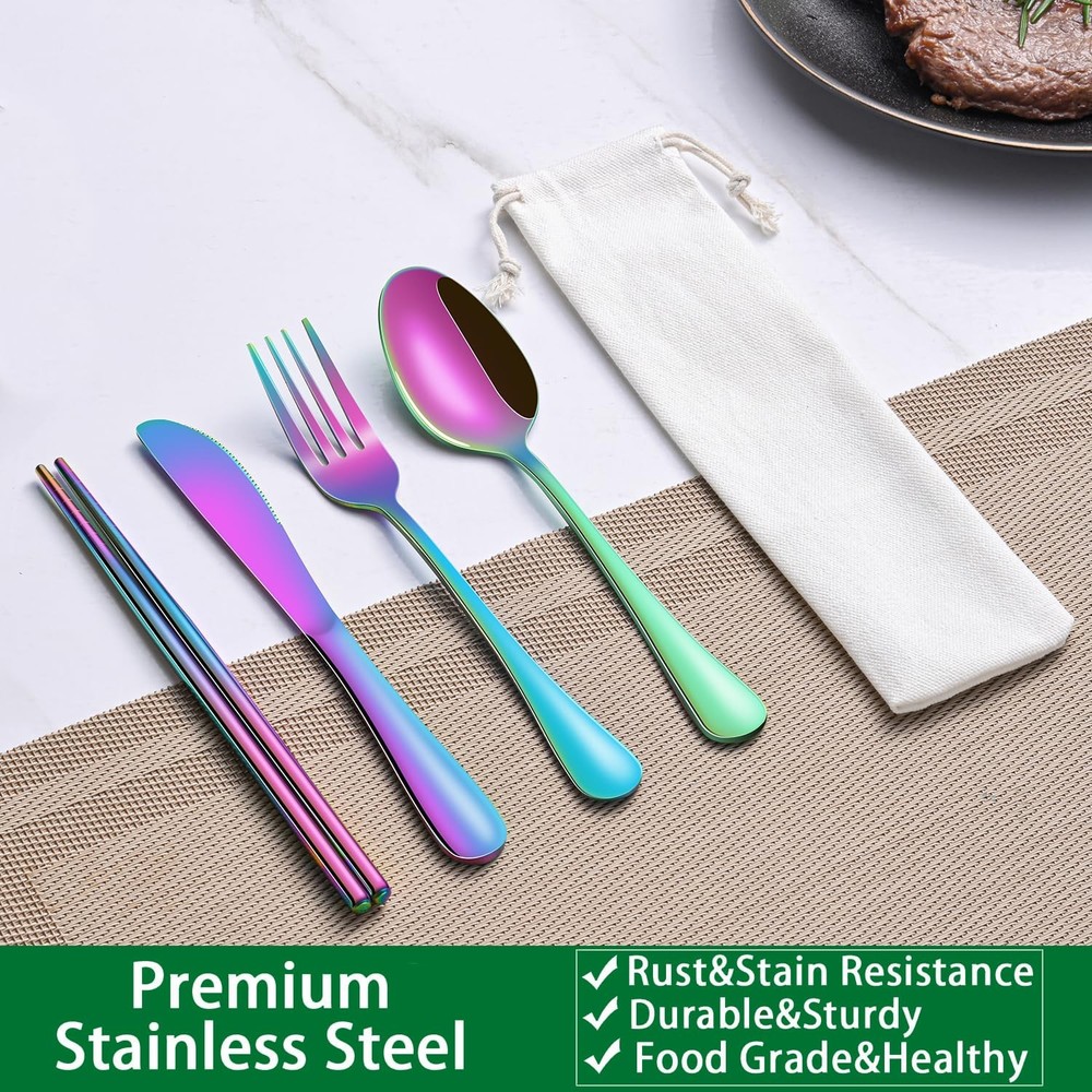 Rainbow Working Lunch Silverware Set Reusable Travel Utensils Case Chopsticks