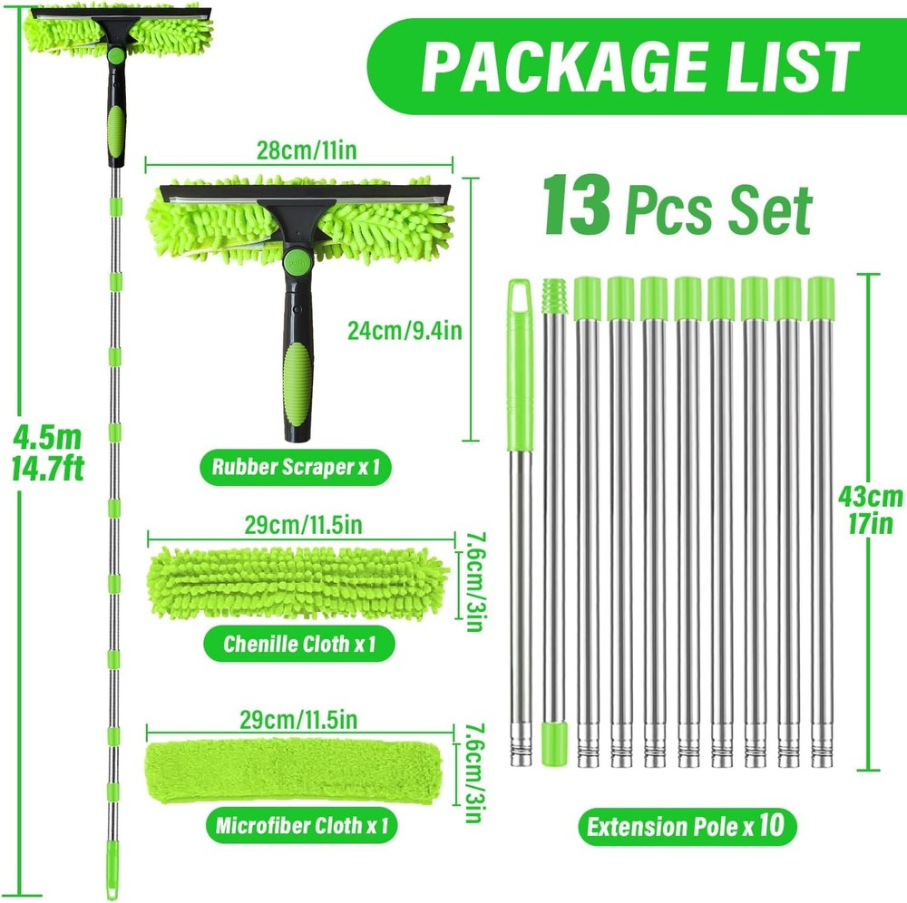 10-Section Telescopic Window Cleaner Pole with 2 Microfiber Pads & Squeegee