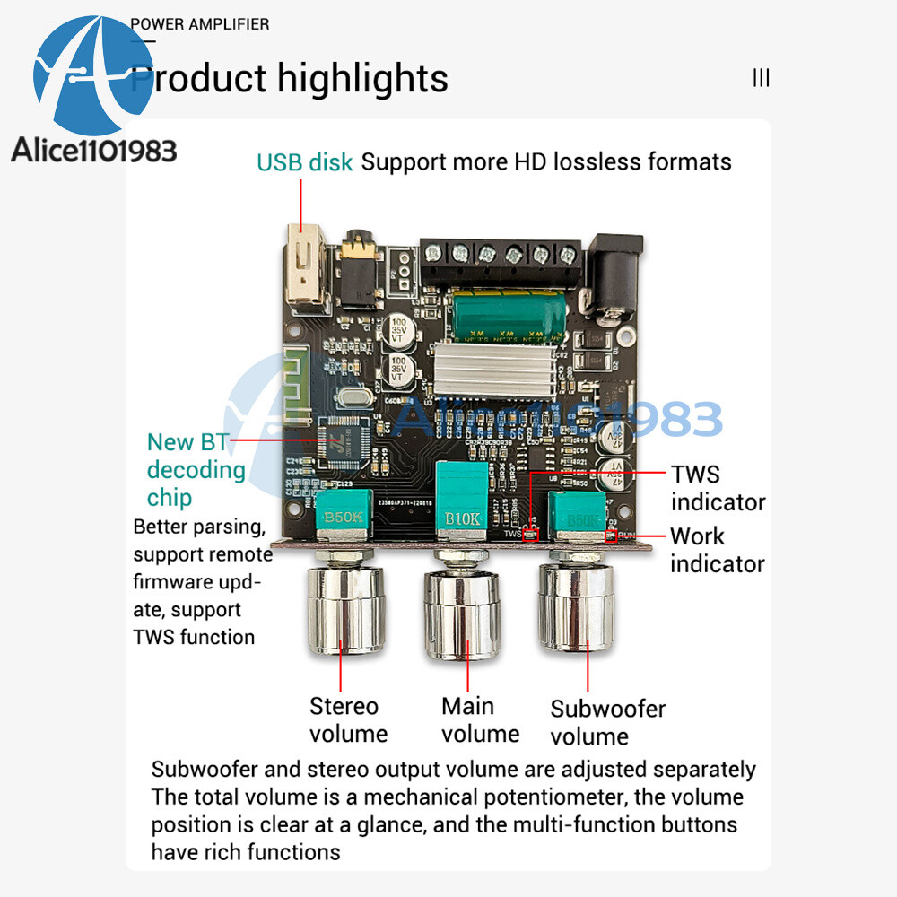 2.1 CH Bluetooth Audio Power Amplifier Board Module Subwoofer TWS Wireless
