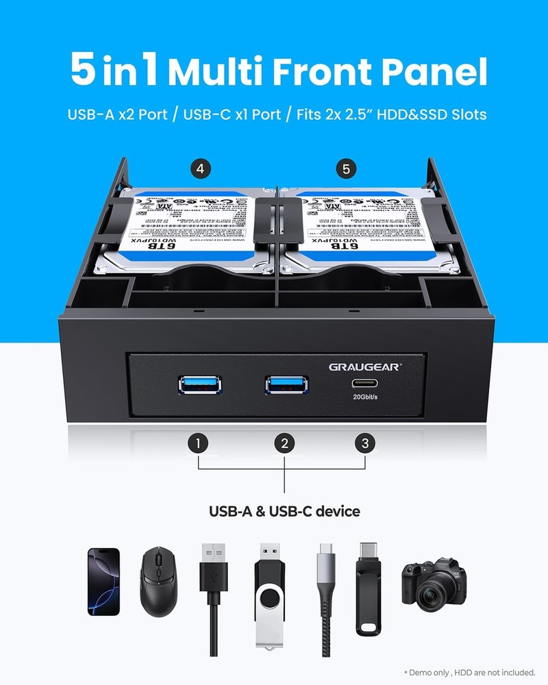 GRAUGEAR 5.25 Inch Internal USB Hub Front Panel – USB‑C 20Gbps + 2X