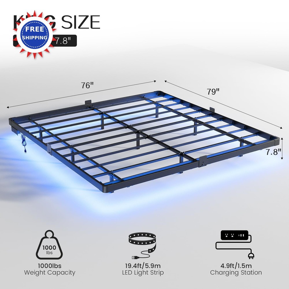 Floating Bed Frame King Size Metal Platform LED Light Charging Station OLEVS