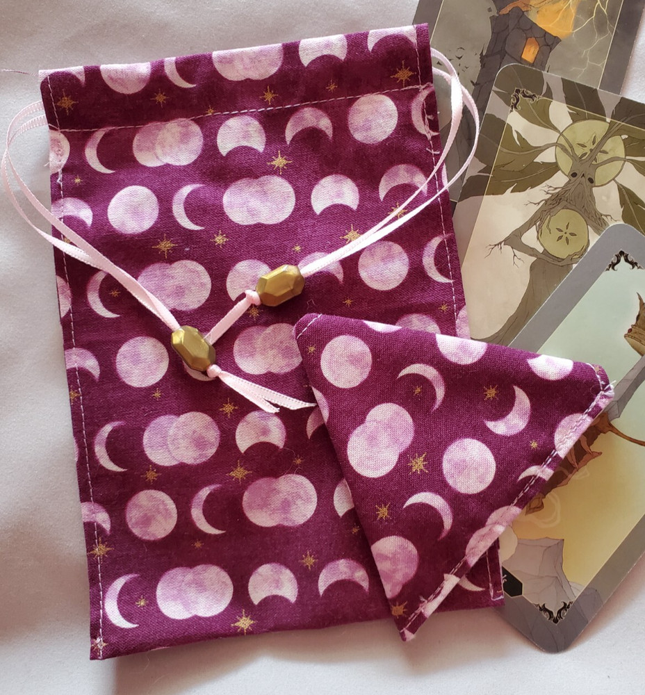 Tarot/Oracle Card Drawstring Bag Handmade Maroon Moon PLUS Crystal Pouch