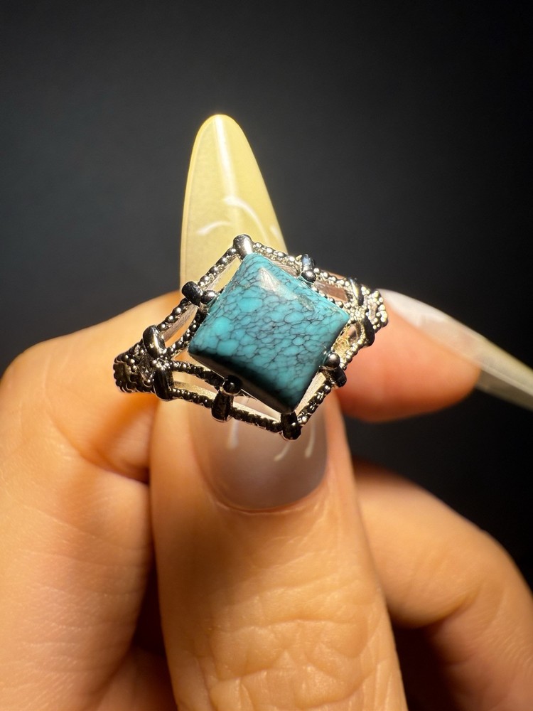 Natural Hubei Turquoise  Square Ring / Silver- plated/adjustable