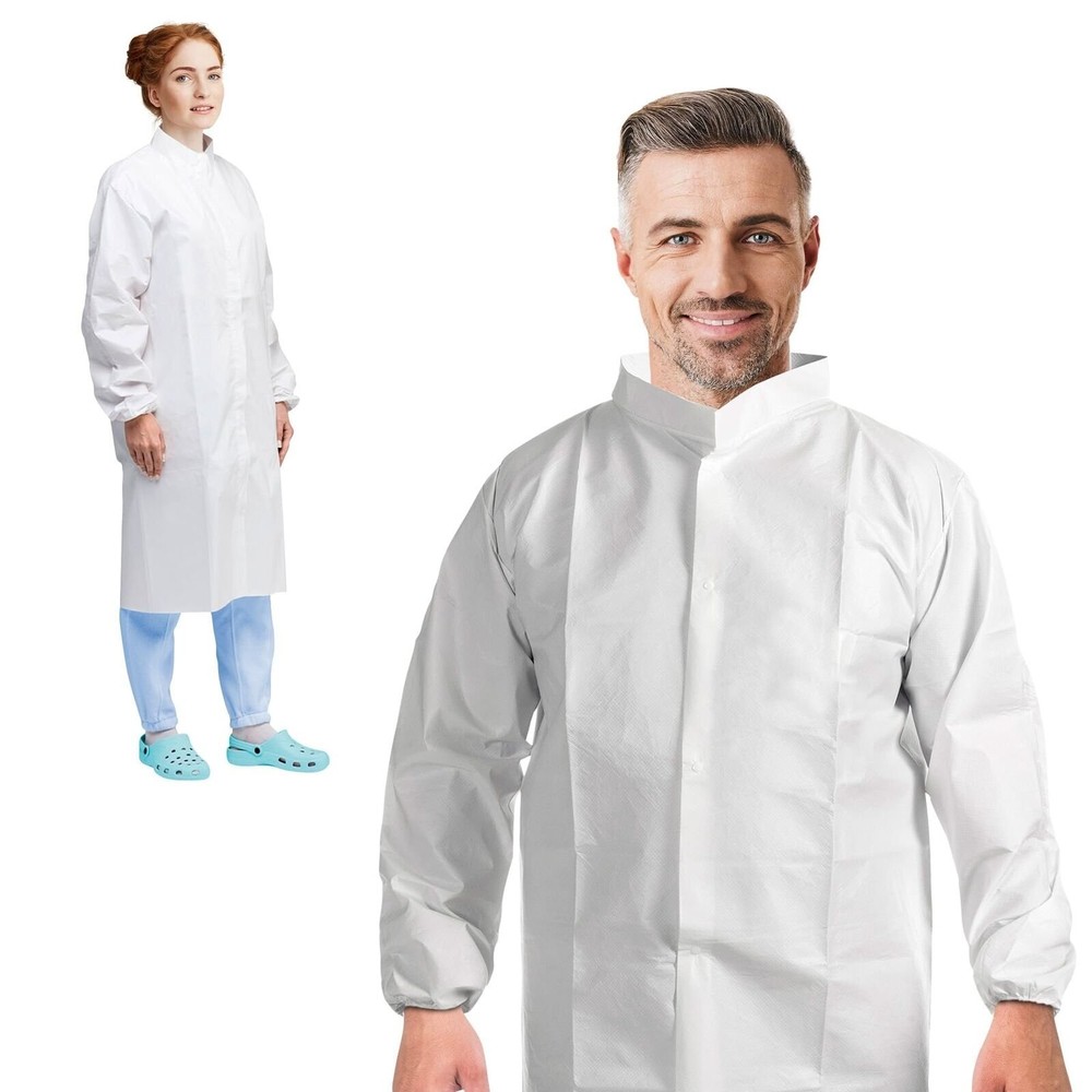 White Disposable Lab Coats, Medium, Pack of 30, Adjustable Collar