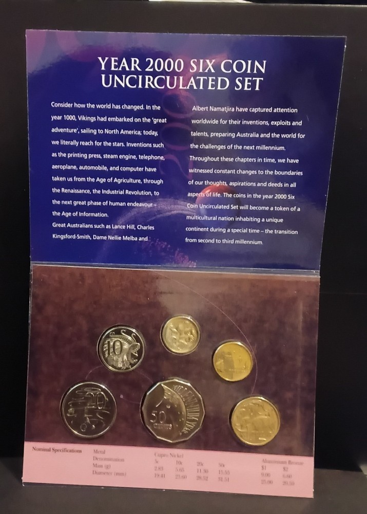 2000 Uncirculated UNC Australia 6 Coin Pack - 5 Cent -$2 50c Millennium Design