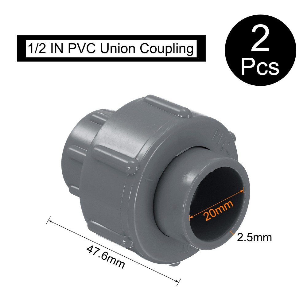 2 Pcs 1/2" Union PVC Coupling Pipe Fitting Adapter, Grey