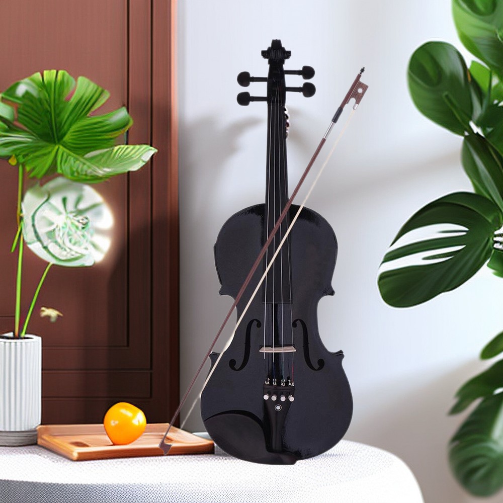 Black 4/4 Full Size Solid Wood Violin Set w/ EQ, Shoulder Rest, Electronic Tuner