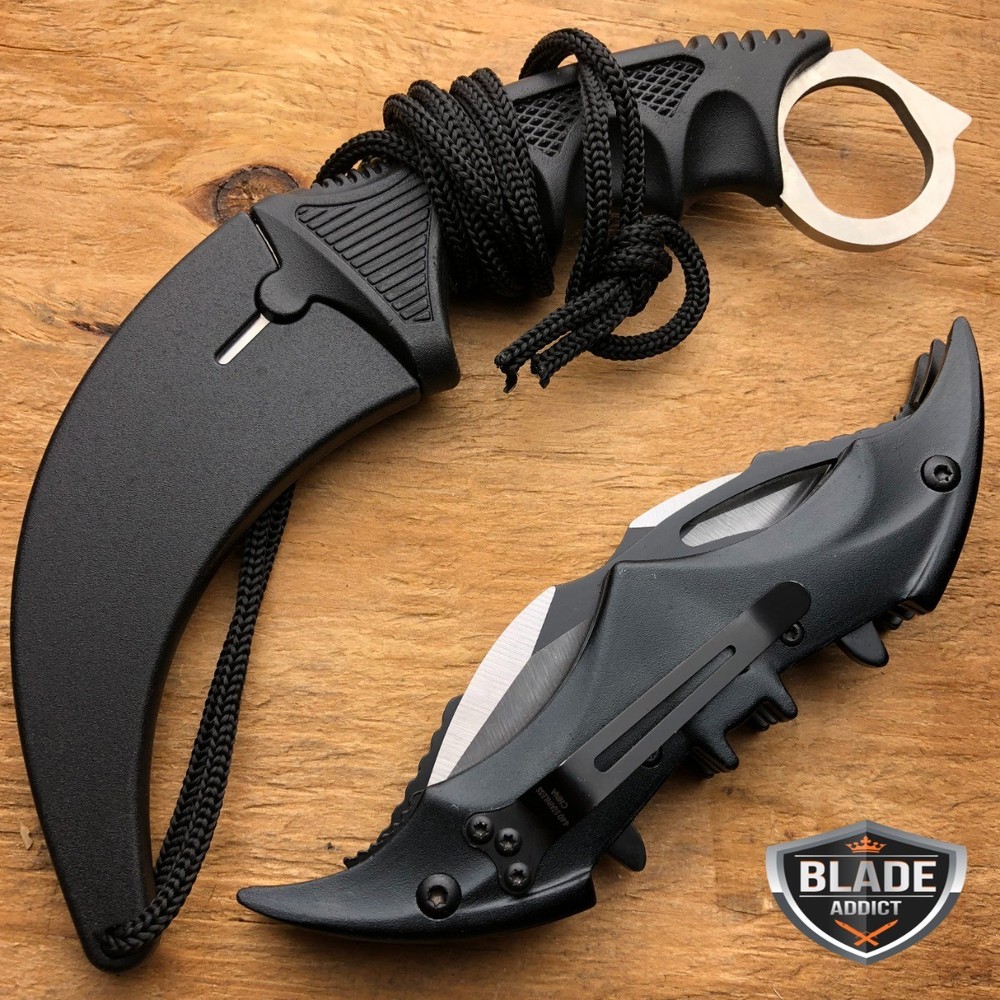 2 PC Dual Blade Spring Assisted Folding Pocket Knife + Karambit Blade Silver