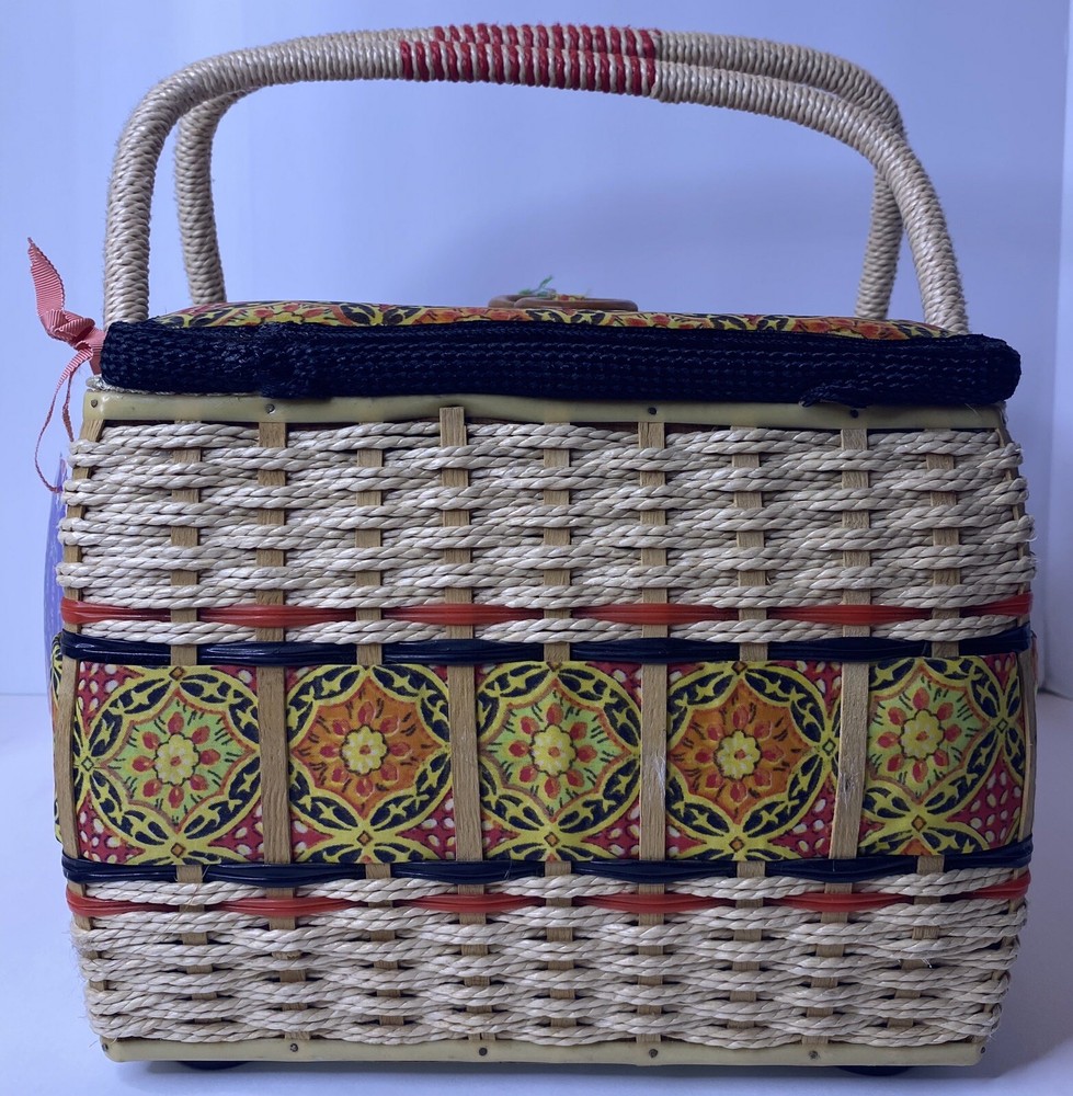 Large Wicker Sewing Basket Notions Keepsake Kit Vintage Orange