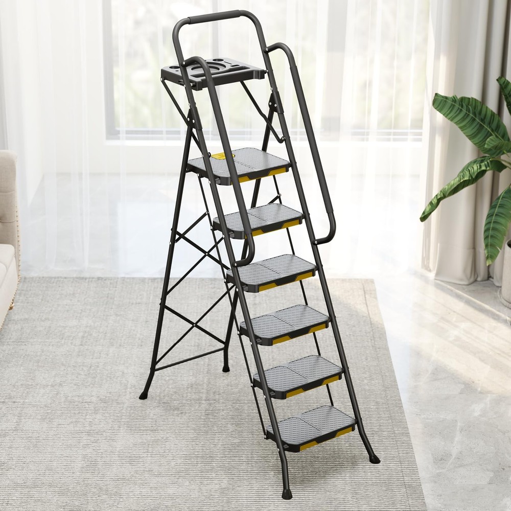 KINGRACK 6 Step Ladder with Tool Platform, 6-Step Handrail, Black&yellow