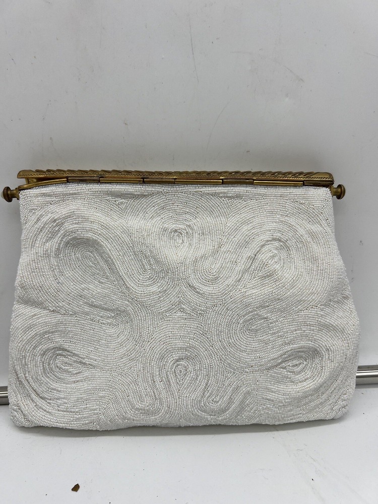 1950s White Micro Seed Bead Handbag Purse With Beaded