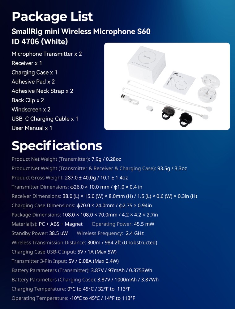 SMALLRIG S60 Wireless Microphone (White/USB-C Version) 4706