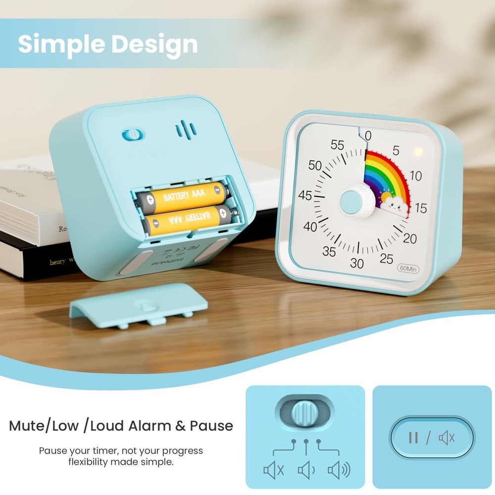 Visual Timer for Kids with Pause Function, Cute Silent Timer with Rainbow for...