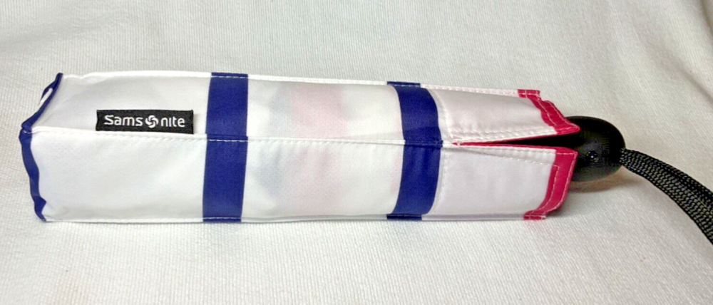 SAMSONITE UMBRELLA & CASE AUTO OPEN AND CLOSE BLUE PINK WHITE STRIPE NWT