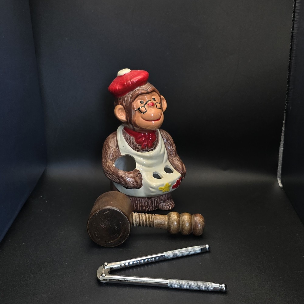 Vintage McCrory Ceramic Monkey Nut Cracker Mallet Pick Set Earthenware 7.5"