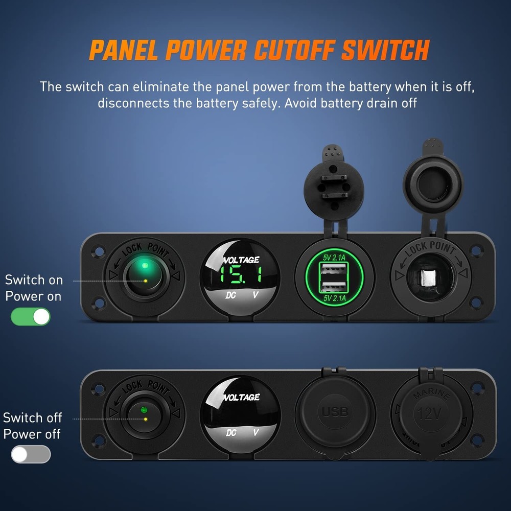 Durable 4 in 1 Power Socket with USB Sockets & LED Voltmeter for Marine & RV Use