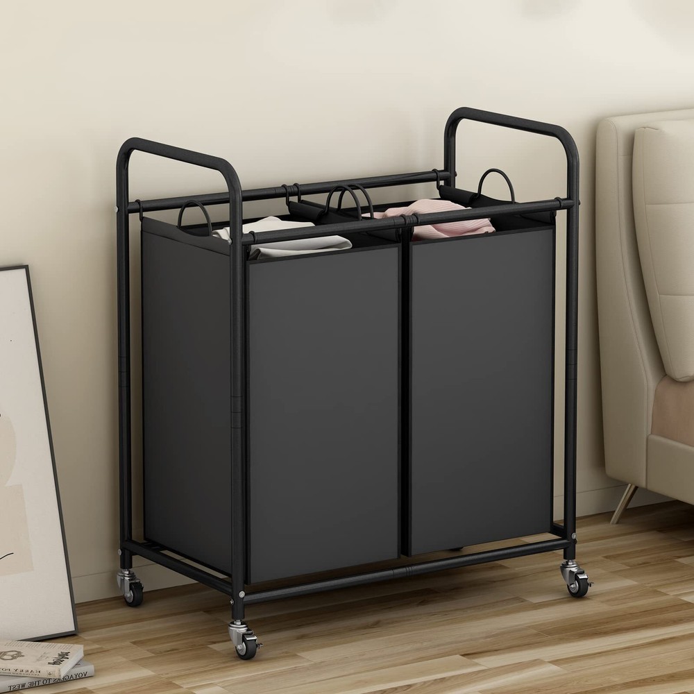 Laundry Sorter Basket 2 Bag Laundry Hamper Cart With Rolling Lockable Wheels And