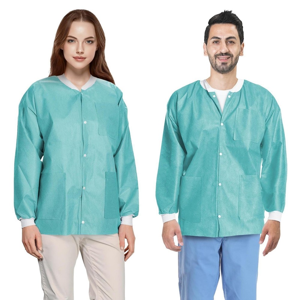 Teal Disposable Lab Jackets 45 GSM SMS Snap Front 3 Pockets 50 Pack Small size