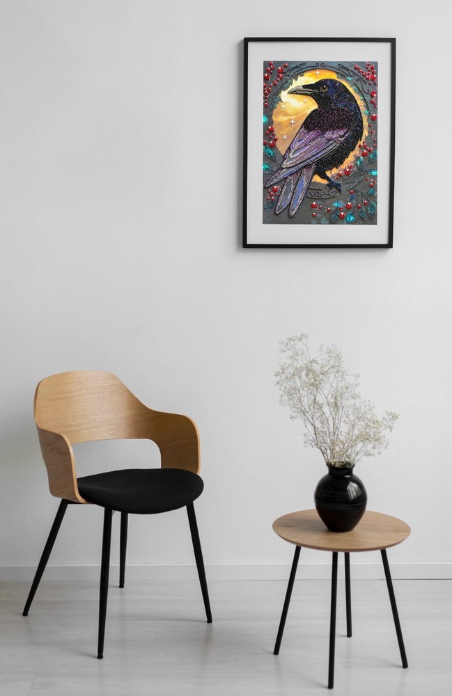 Bead Embroidery Kit DIY "Black raven" Beaded Needlepoint Craft Set