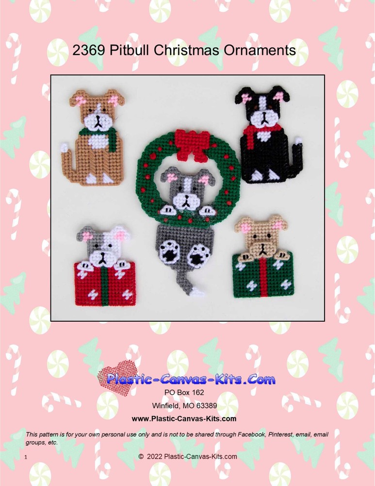 Pitbull Christmas Ornaments- Plastic Canvas Pattern or Kit