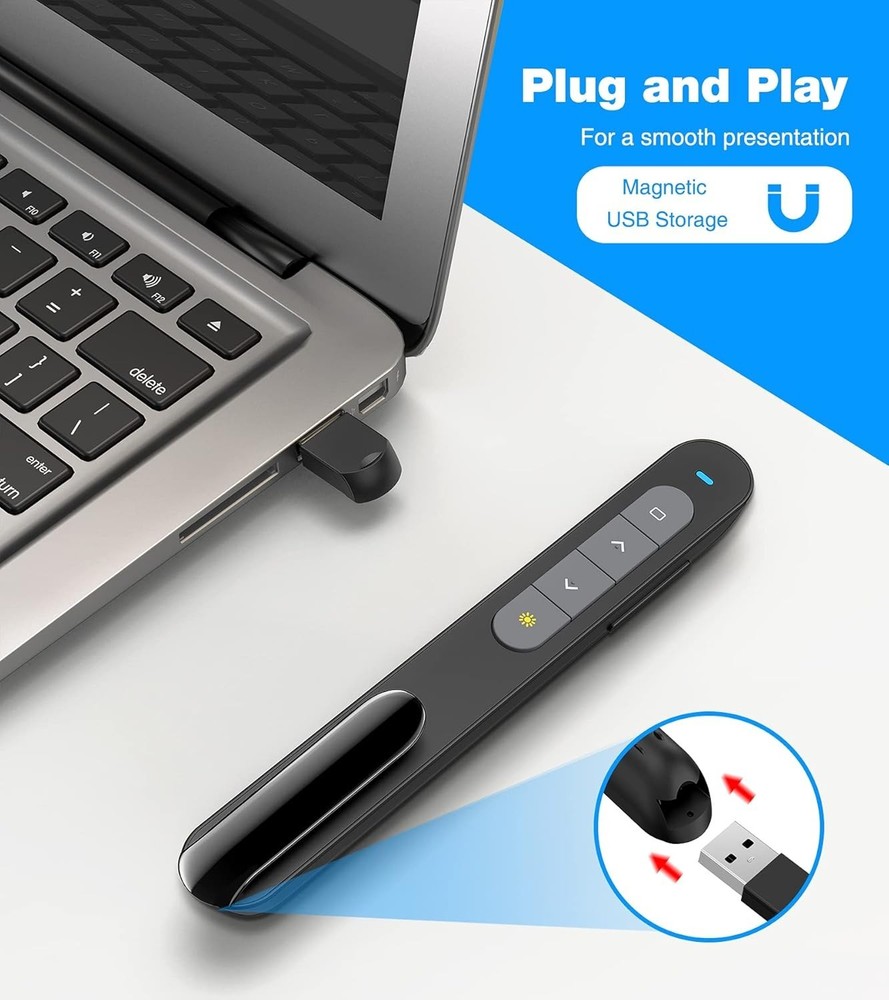 Wireless Presenter Remote with Air Mouse Control, Rechargeable USB