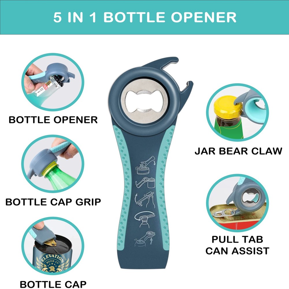 Jar Opener for Weak Hands, Seniors with Arthritis, 5 in 1 Multi Function Bottle