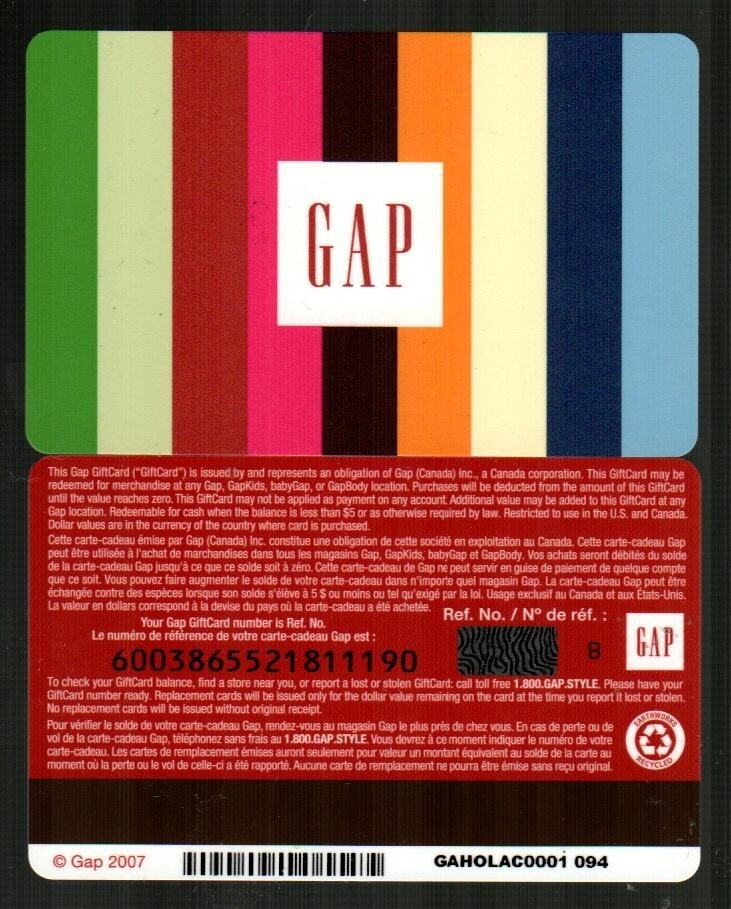 GAP ( Canada ) Colored Stripes ( 2007 ) Gift Card ( $0 )