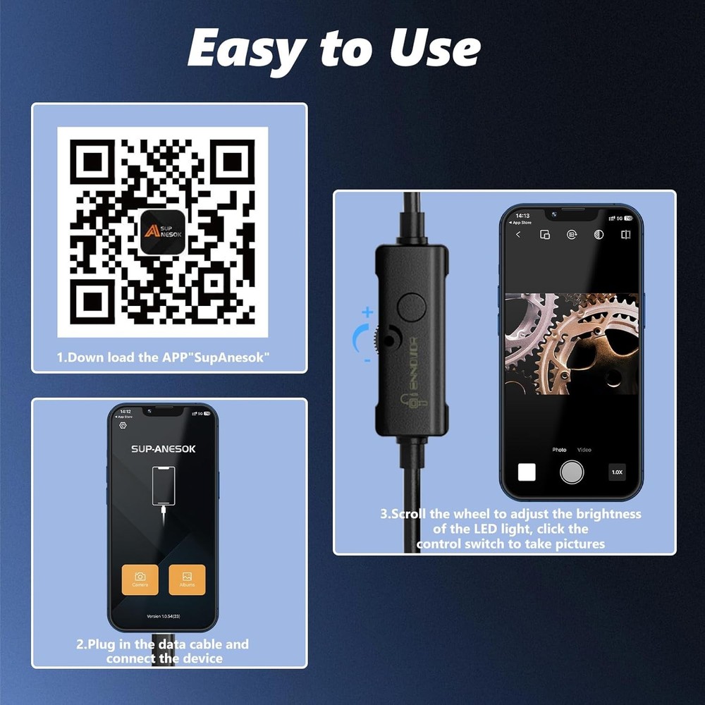 5M Endoscope Camera with Light, 1920P HD Borescope Camera for iOS and Android