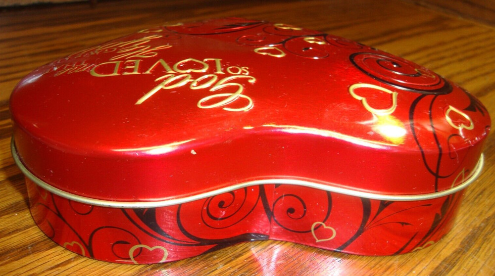 Scripture Candy Tin~Red Heart-Shaped Container 'God So Loved' 6.3"x5.3"x2" 812