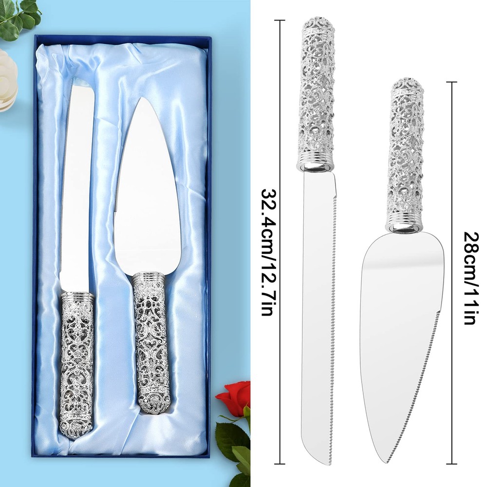 Wedding Silver Cake Knife and Server Set - 2 Pcs Dessert Set Metal Handle wit...