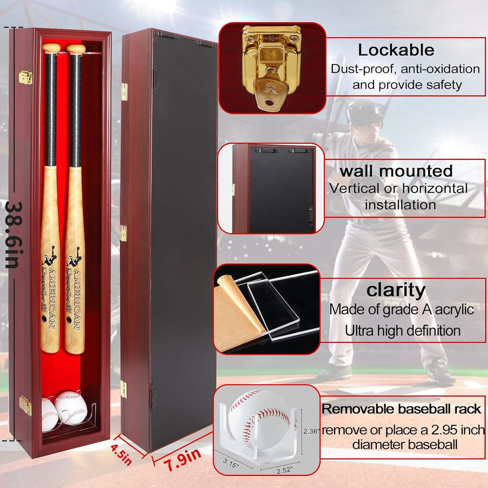 2 Baseball Bat Display Case Wall Mount - Vertical/Horizontal Cherry Wood Frame W