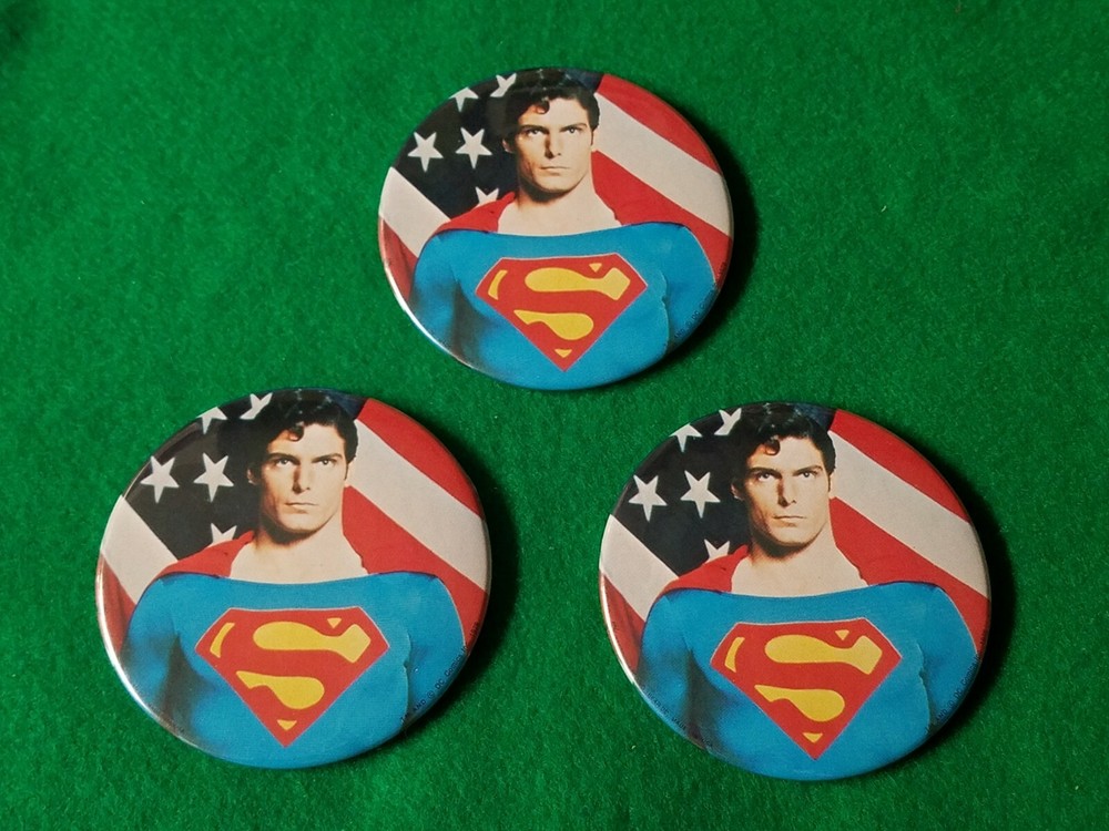 DC Comics Inc 1978  Christopher Reeve Superman 3" Celluliod Pinback Button 3 Pcs