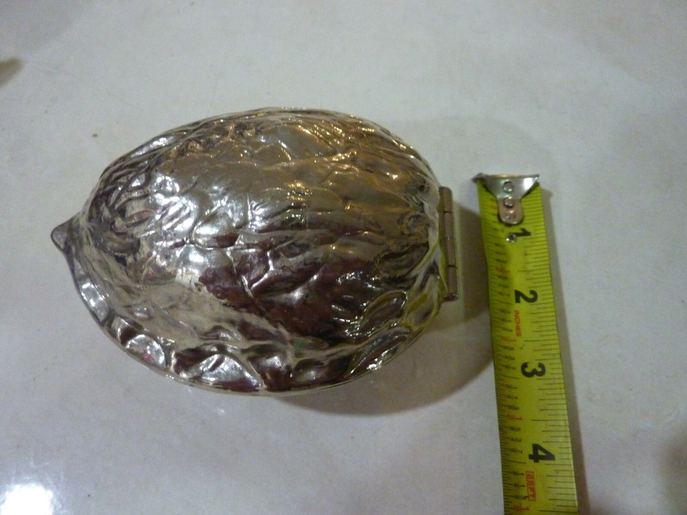 Vintage NUT CRACKER Silver Tone Metal Walnut Shaped Hinged 5”