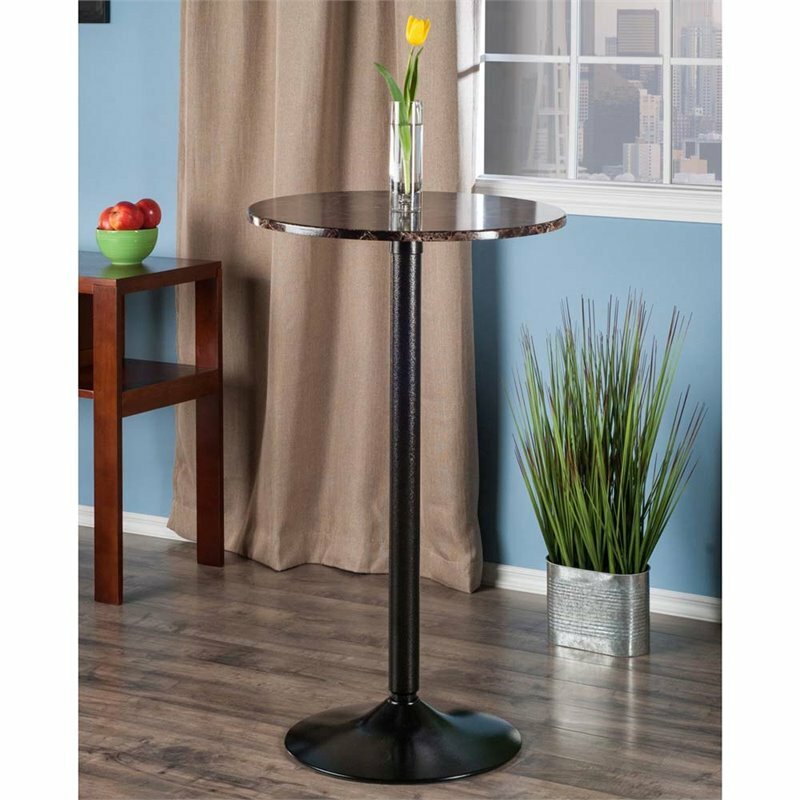 Pemberly Row Round Faux Marble Top Pub Table in Black