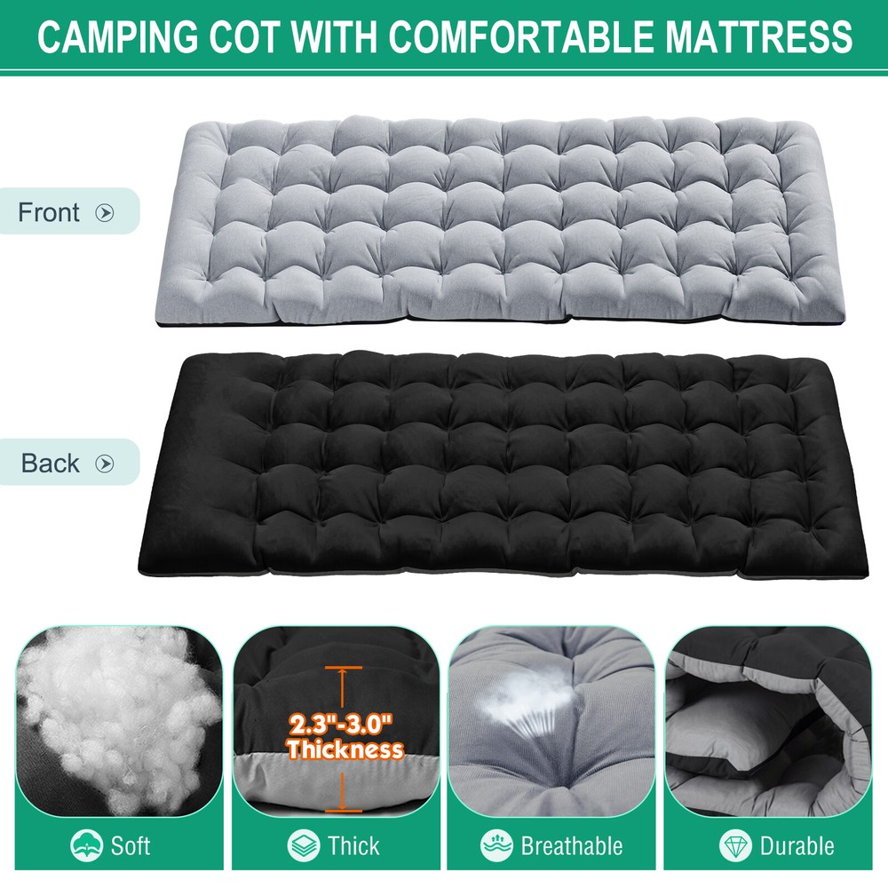 Begonia.K Camping Cot 4 Position Adjustable Folding Tri-Bed w/Mat Travelling