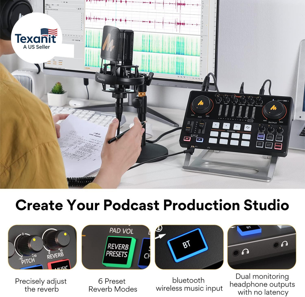 Podcast Equipment Bundle 10 Channel Audio Interface and XLR Dynamic Microphone c