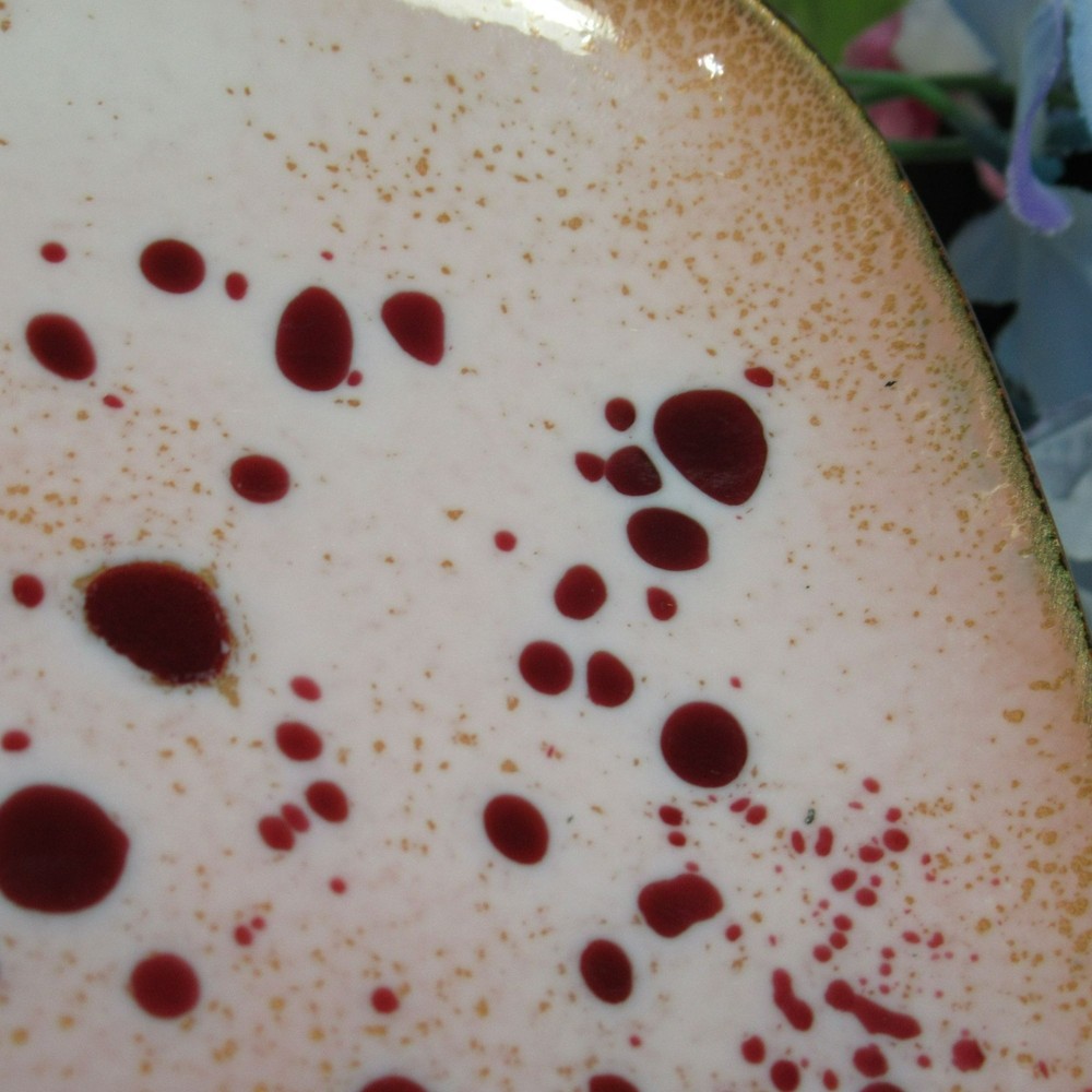 Handmade Enamel on Copper Rectangular Dish Pink With Red & Gold Speckles