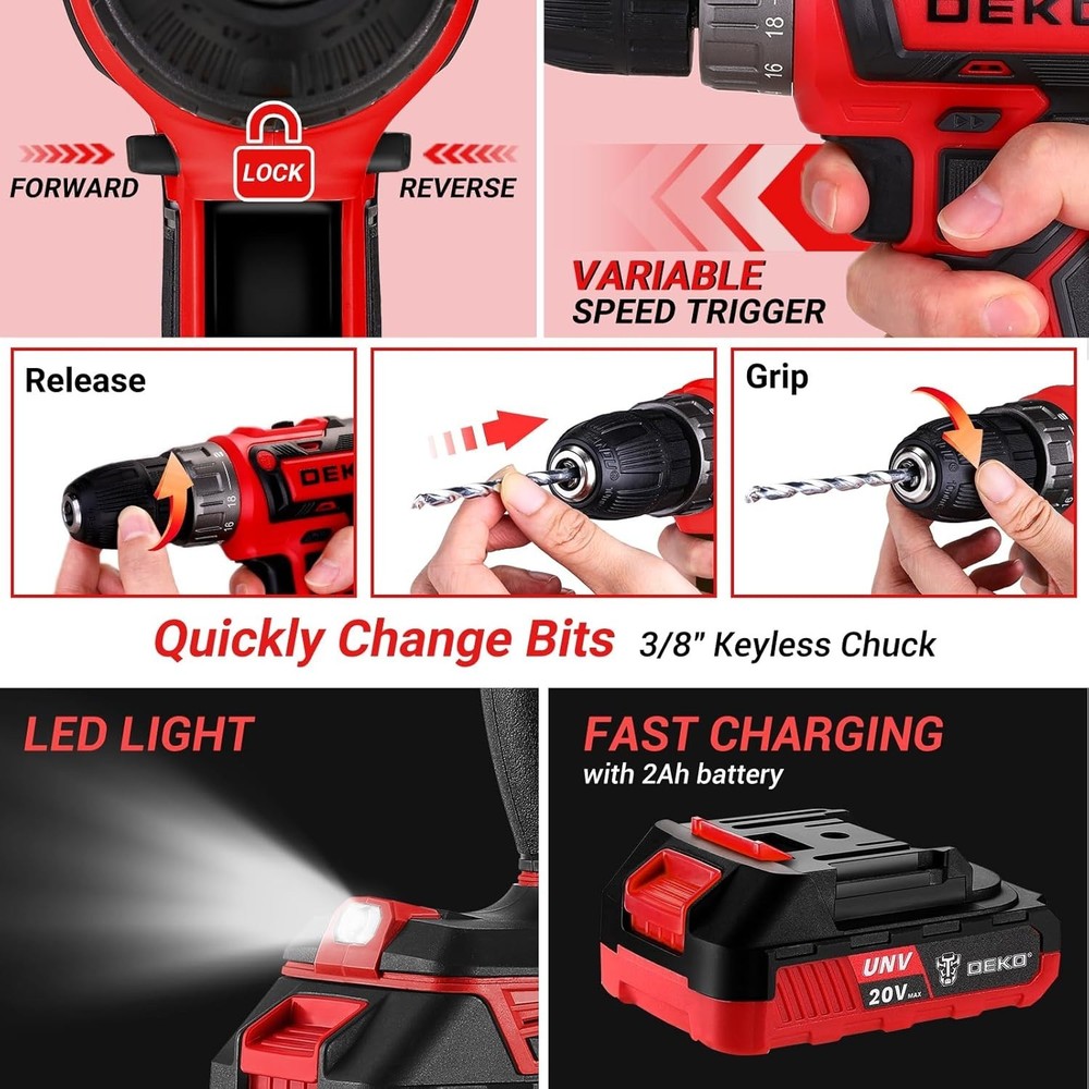 Rechargeable 20V Cordless Power Drill Combo with Toolbox - Ready for Repairs